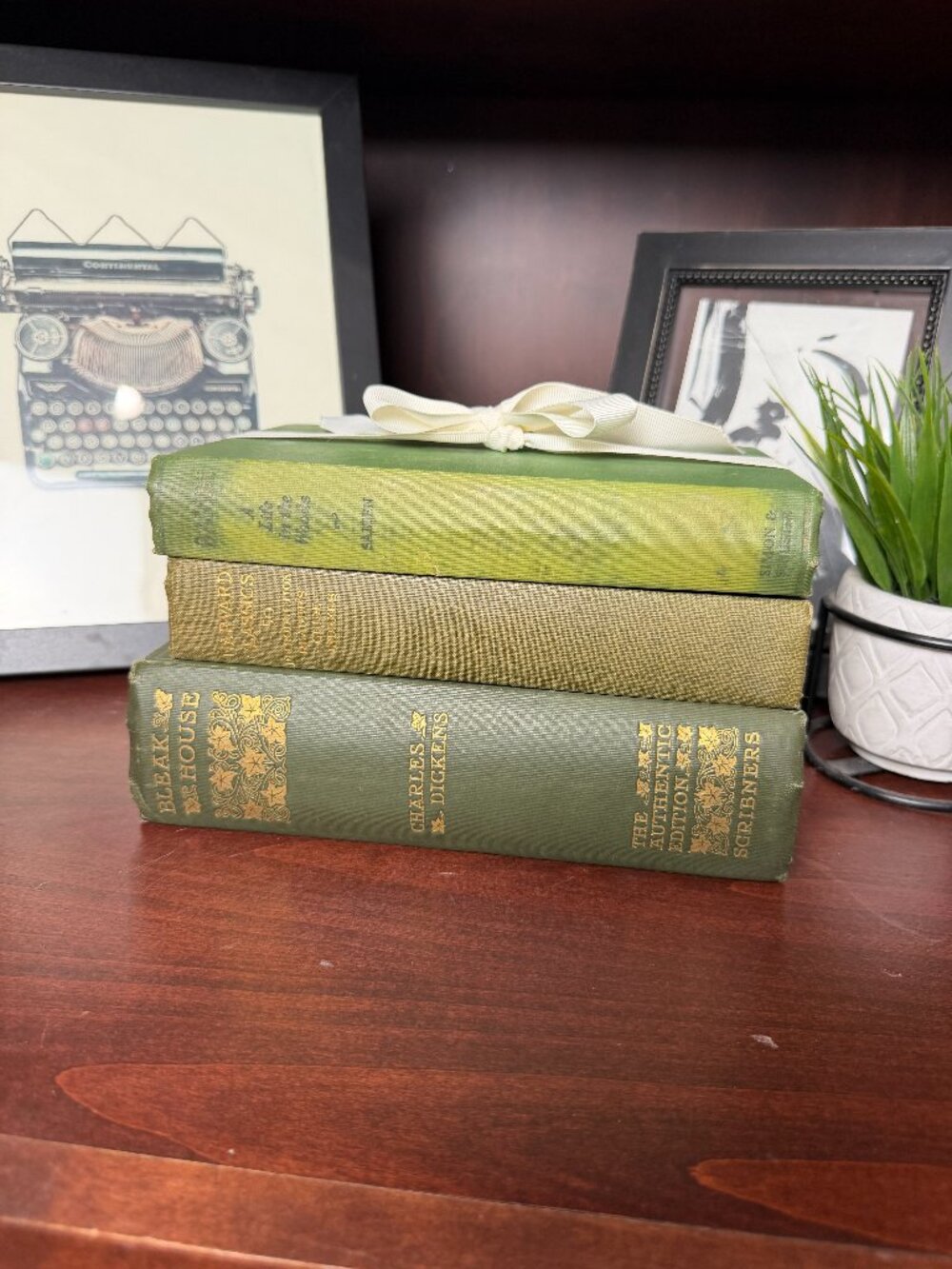Vintage Book Set Lot of 3 GREEN Old Antiquarian Rare Decoration Small Books
